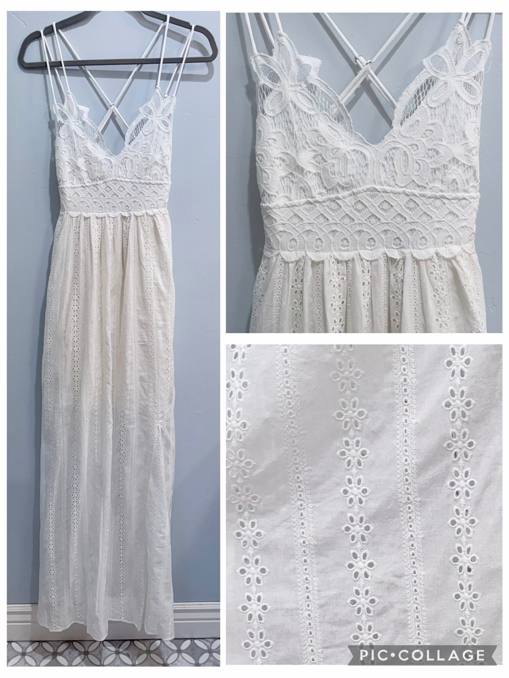 Three Bird Nest White Lace Bralette  Eyelet Maxi Dress Slit Spaghetti Strap Boho - Picture 4 of 13